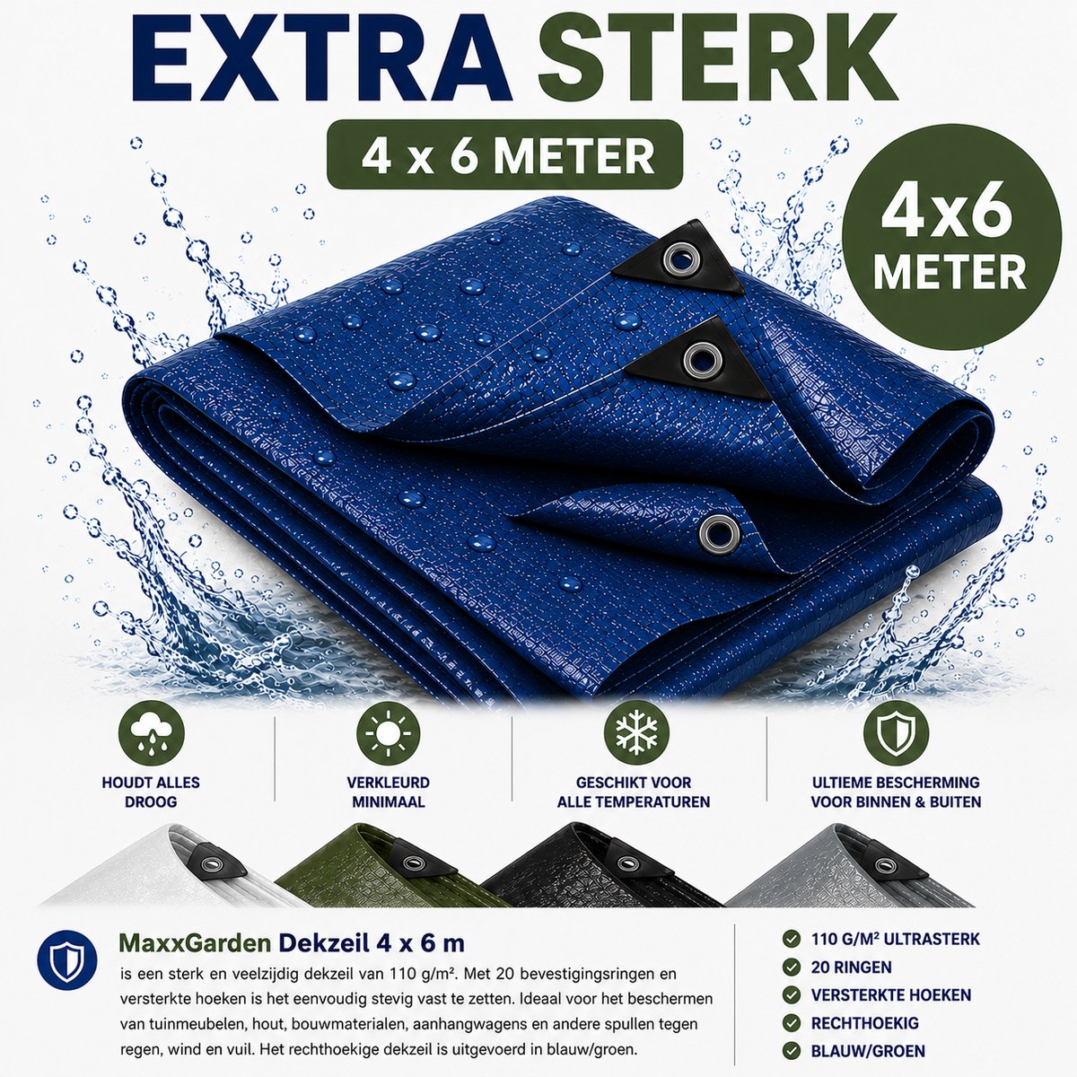 MaxxGarden Dekzeil 4 x 6 m, 110 g/m² ultrasterk, Blauw/groen, versterkte hoeken, Waterdicht Bouwzeil & Zeildoek - Zeil 20 Met Ringen - Beschermhoes & Afdekhoes voor Zwembad,Tuin Set,Motor,Scooter,Fietsen,Aanhangwagen - Auto Hoes Bescherming