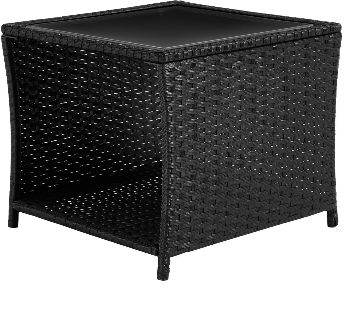 Bijzettafel - bruin - met glasplaat van gehard glas - tuintafel met gepoedercoat stalen frame en PE-rotan - met opslagruimte