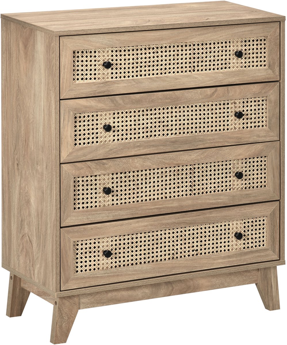 Commode met 4 lades - rotan opbergkast - houtlook - 80 cm x 35 cm x 95 cm