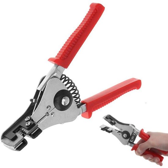 Zilverkleurige draadstripper met rode handvatten, met inzetstuk met een hand.