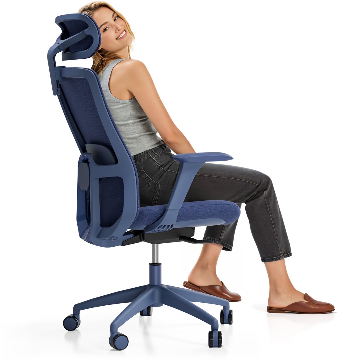Desktronic SitOne Ergonomische Bureaustoel - Bureaustoelen voor volwassenen - Bureau stoel voor kantoor, gaming - 4D lendensteun systeem - Armleuningen 4D - Rugleuning 98° tot 135° - heeft BIFMA en .IGR ergonomiecertificering - Blauw