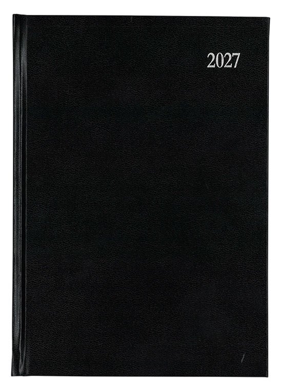 Zwarte bureau-agenda 2027 met harde kaft en leren textuur.