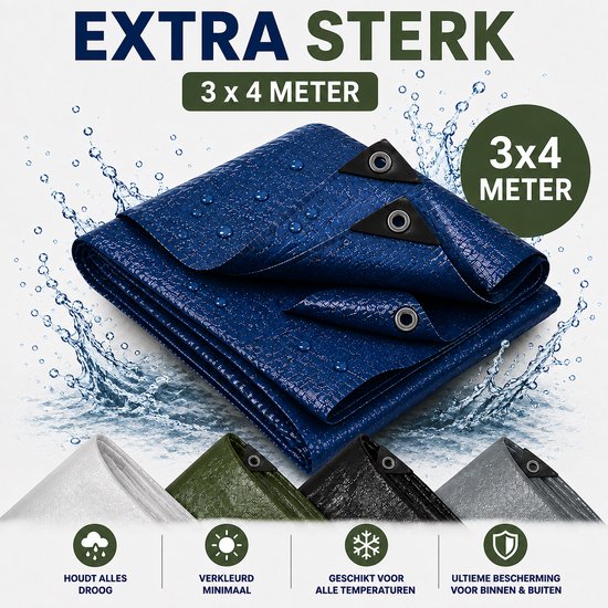 Blauw 3x4 meter ultrasterk zeil met druppels, verkrijgbaar in wit, groen, zwart, grijs.