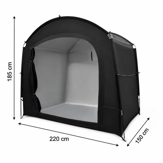 Zwarte opslagtent van 220 x 150 x 185 cm met gebogen dak en oprolbare voorkant.