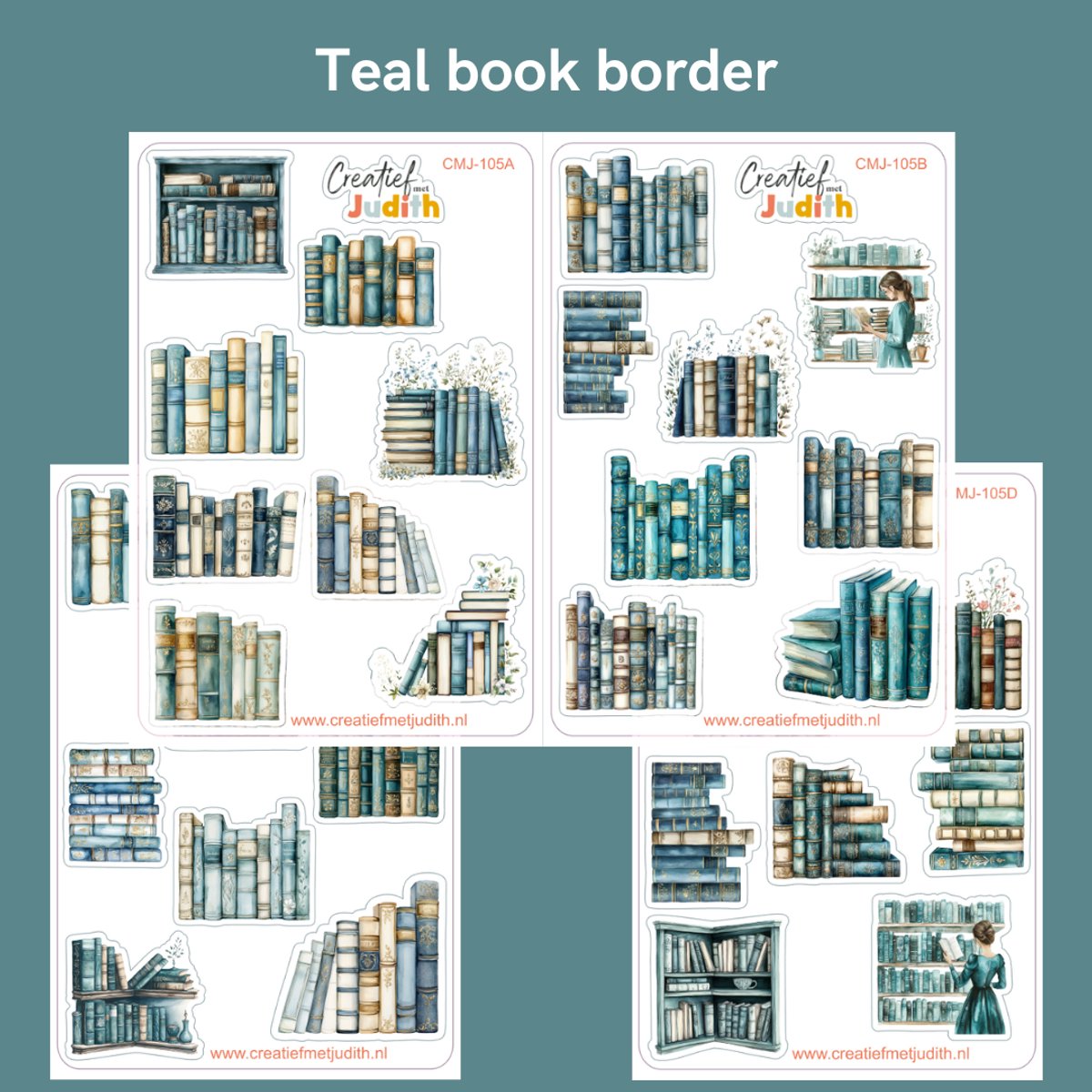 Bullet Journal Stickers - Planner Agenda Stickers - Teal book border stickers boekenplank - 4 stickervellen - Scrapbook stickers - Deco stickers - boeken lezen stickers - volwassenen en kinderen