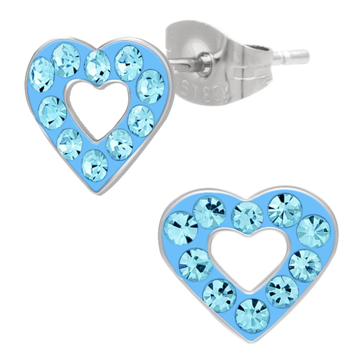 Kinderoorbellen Meisjes – Oorstekers Hartje – 316L Chirurgisch Staal – Blauwe Kristallen – Kinder Oorbellen Hart – 8 mm
