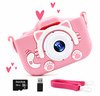 Roze kinder camera in kattenvorm met witte oren, witte poten en een witte snuit. Met 32GB SD-kaart en roze draagband.