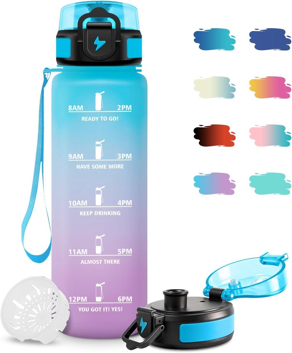Sportwaterfles - Transparant - 1 Liter - Lekvrije Fles met Tijdmarkeringen - Voor Sport en Reizen