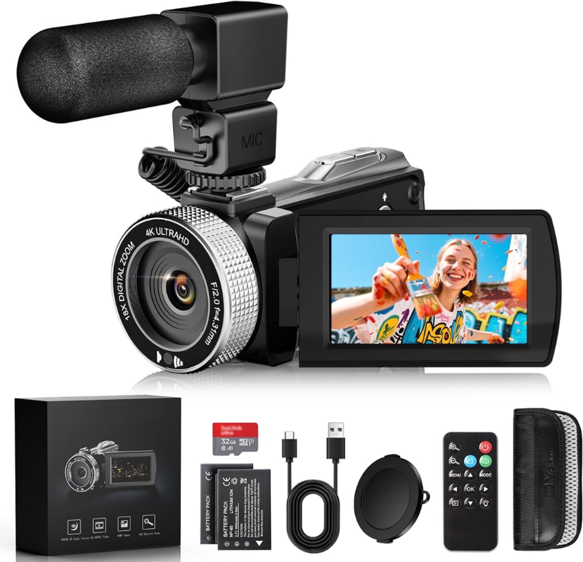 ZRNS® Handycam - Videocamera - Filmcamera - Vlog Camera voor Beginners - Met Nachtzicht - 4K