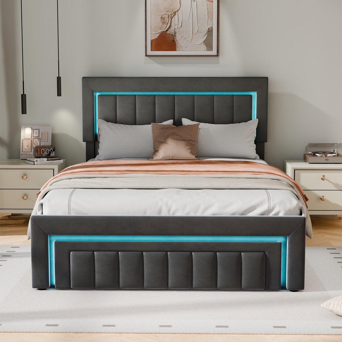 MEUNIQ Gestoffeerd opbergbed 140x200 cm met hydraulische lattenbodem, LED-verlichting en lade, velours bedframe voor slaapkamer, grijs zwart