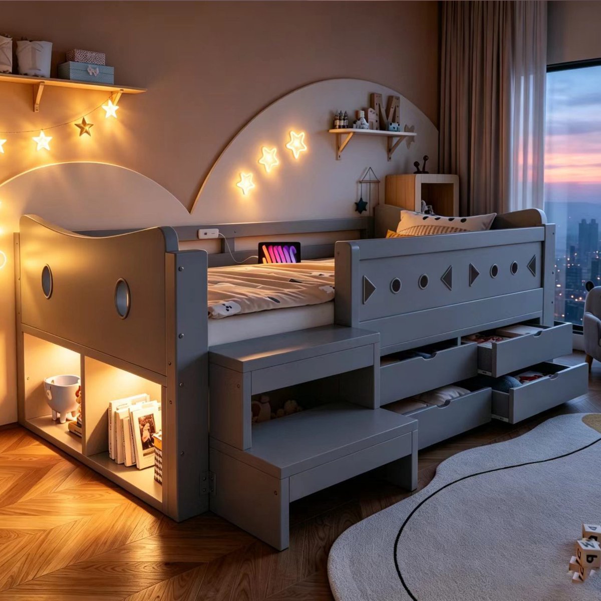 Kinderbed 90 × 200 cm Met Uniek Hoofdeinde, Eenpersoonsbed, Voorzien Van Opbergvakken, Lades En Veiligheidshekjes, Met Ledverlichting En USB- En Type-C-Oplaadpoorten, Eenpersoonsbed, Grijs