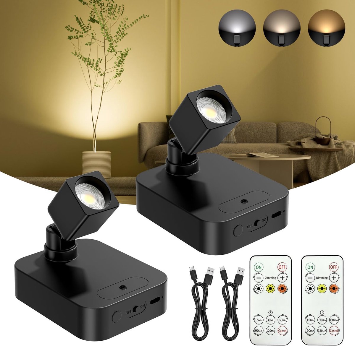 Draadloze spotset - met afstandsbediening - instelbare verlichting met timer - voor schilderijen, kunst en displays - oplaadbare minispots - voor thuisweergave - zwart - 2 stuks