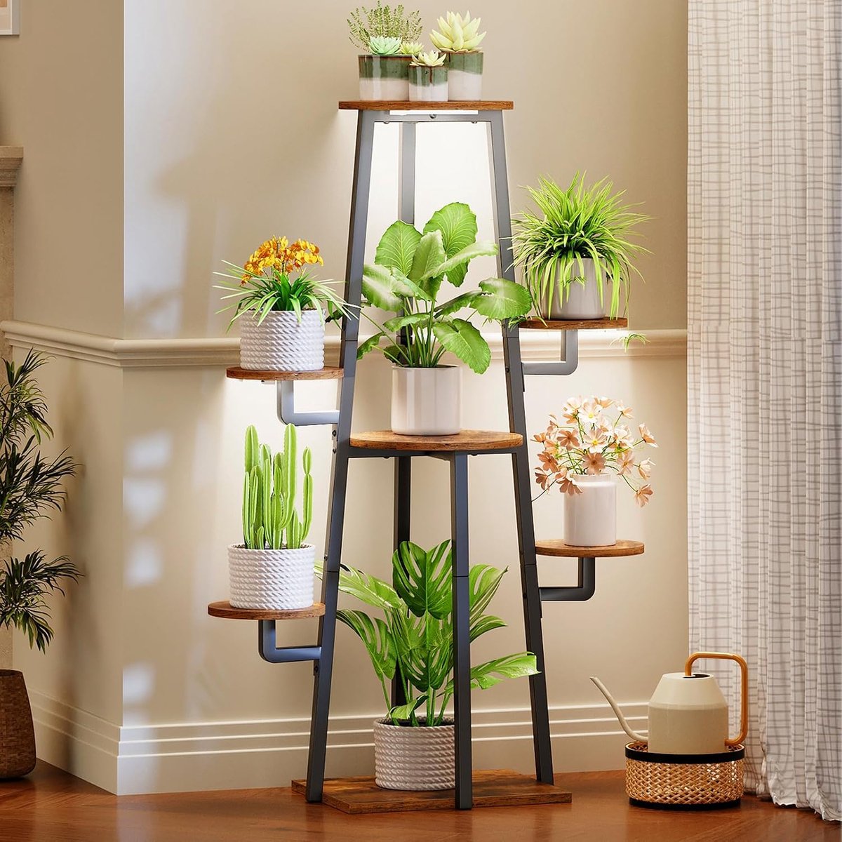 Home & Beyond® Plantenstandaard met Groeilamp - Plantentrap met 7 Niveaus - Plantenrek voor Binnen - Vintagebruin en Zwart - 40x30x120 cm