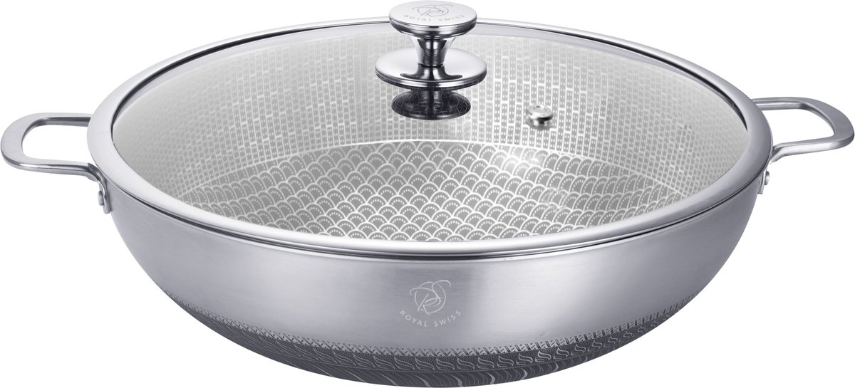 Royal Swiss® Wokpan 40 cm – Tri-Ply RVS – Met Deksel – PFAS-vrij – Inductie – Grote Wokpan met 2 Handgrepen