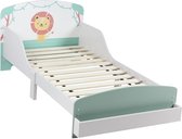 Kinderbed Wit-Mint met Schattig Leeuwmotief – Peuterbed met Uitvalscherm & Bodem 140x70 cm, Totaal 150x77x60 cm (Zonder Matras)