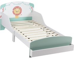 Kinderbed Wit-Mint met Schattig Leeuwmotief – Peuterbed met Uitvalscherm & Bodem 140x70 cm, Totaal 150x77x60 cm (Zonder Matras)