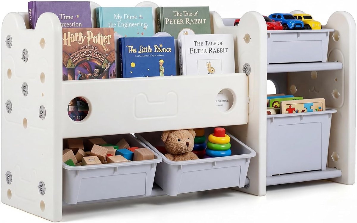 KOMFOTTEU Kinderboekenplank - 2-in-1 kinderboekenplank met speelgoedplank - Montessori kinderboekenplank met 2 planken en 4 opbergdozen - katvormige speelgoedorganizer - voor kinderkamers