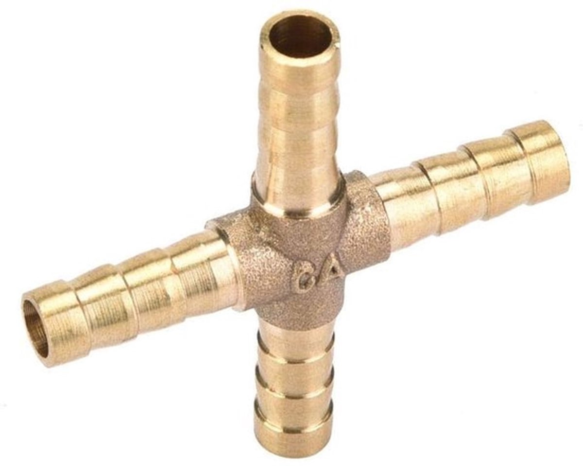 4-weg T messing slangconnector - Cross Barbed stekker - 5 stuks - 6 mm - Slangaansluiting - Geschikt voor lucht water olie gas brandstof