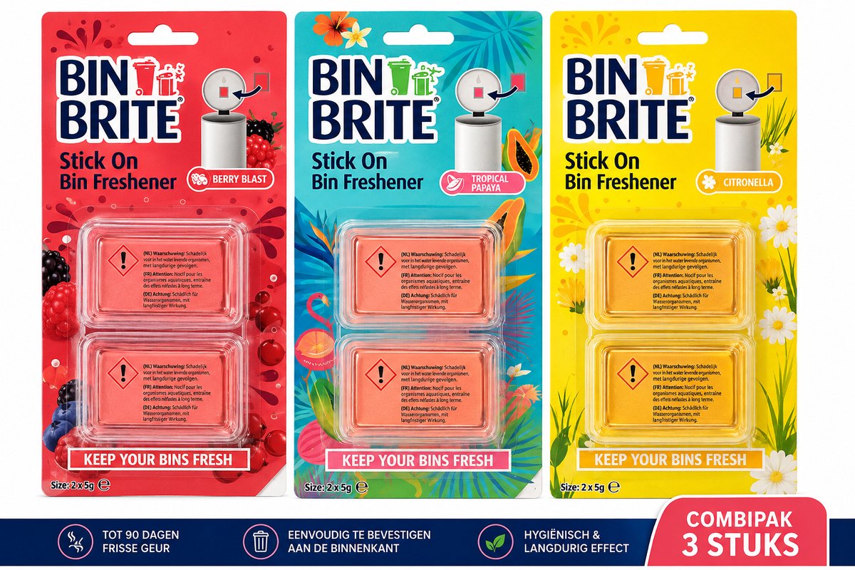 Bin Brite Vuilnisbak Verfrisser – Combipakket 3 Geuren – Berry Blast, Tropical Papaya & Citronella – 6 Stick-On Geurblokjes – Tot 90 Dagen Frisse Geur