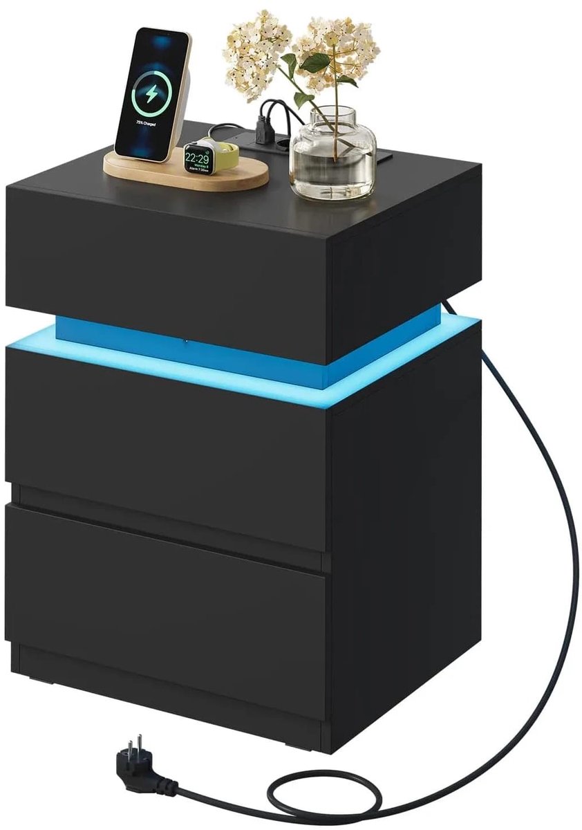 Klarven® Nachtkastje Zwart - LED Verlichting met 25 Kleuren en Bluetooth, Stopcontact met 2 USB Poorten - 2 Laden en Klepvak, Modern Design - B 40 x D 35 x H 55 cm