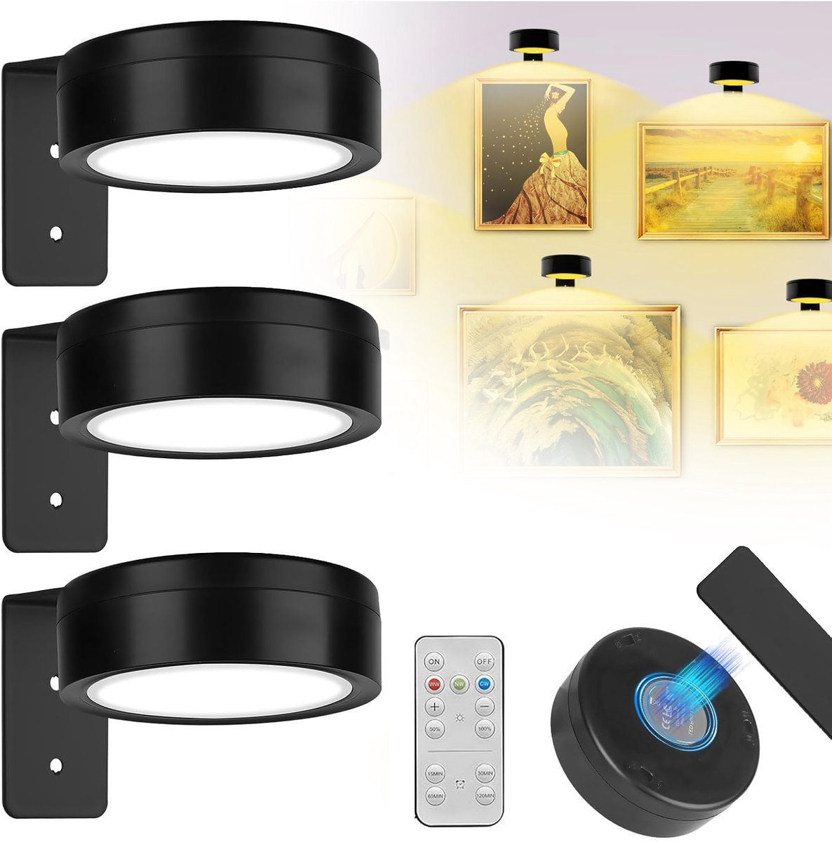 Set Van 3 Schilderijlampen Voor Aan De Muur - Magnetische Posterlampen - Op Afstand Bedienbare Dimbare Timer Schilderlamp