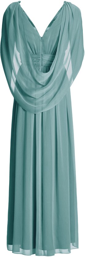 Tealgroene avondjurk met V-hals en zwierige mouwen van crinkle chiffon, zonder model.