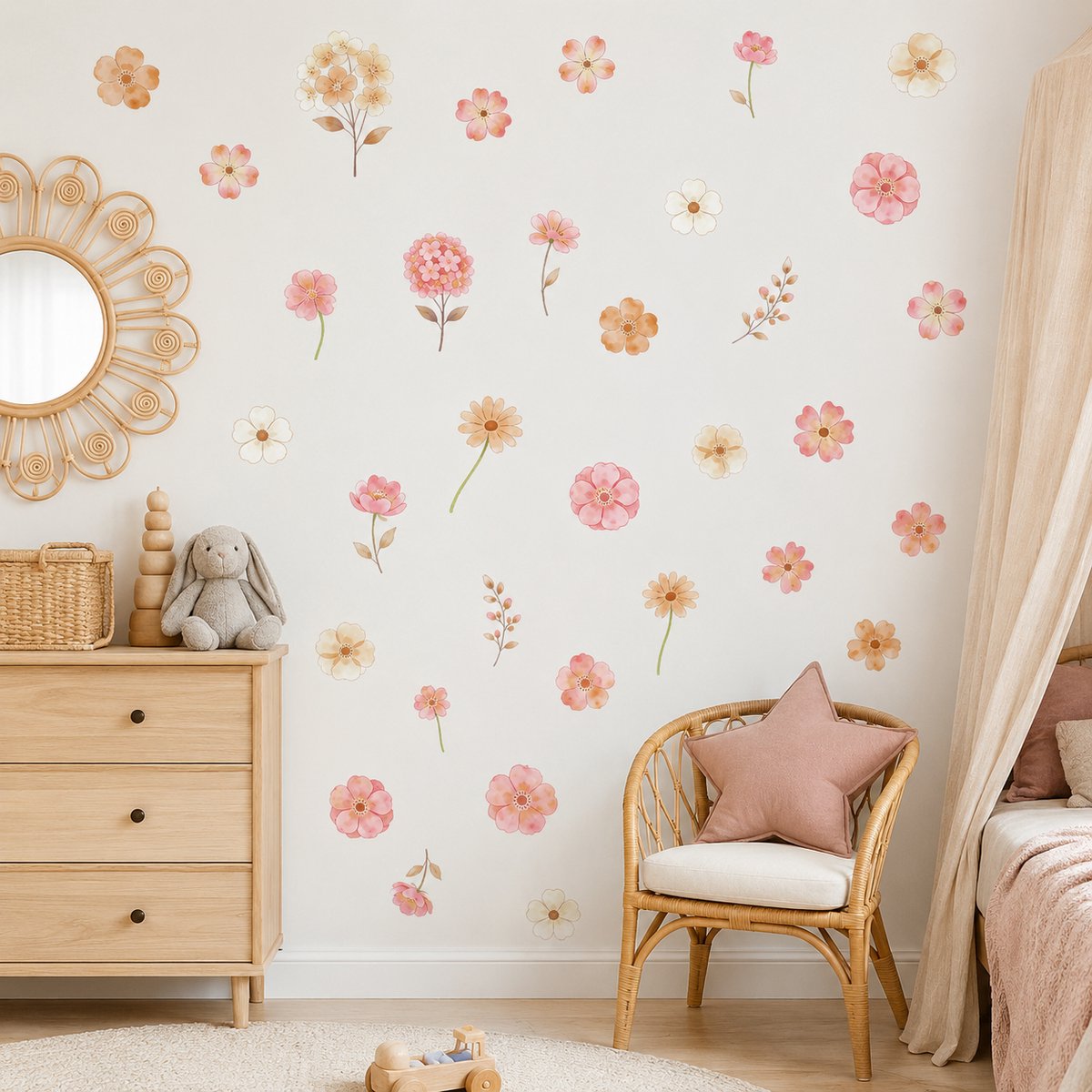 YYchan Muurstickers met Delicate Aquarel Bloemen - Boho Muurstickers voor de Kinderkamer - Zelfklevende Wanddecoratie - 29 x 20 cm - 3 Vellen