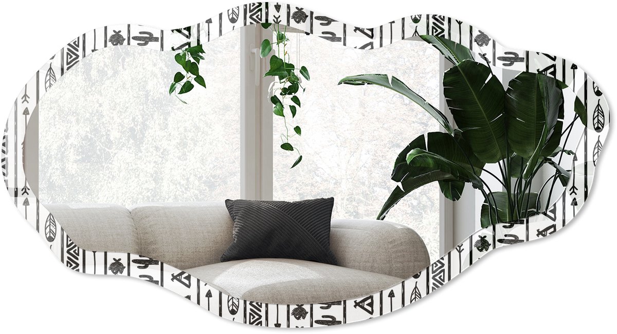 Wallfluent Etnisch Patroon Spiegel - Wit Rechthoekige Spiegel Voor Interieur - Organische Spiegel - Woonkamer, Kantoor, Slaapkamer - Geometrisch - 45x90 cm - Totale afmeting 52x97 cm