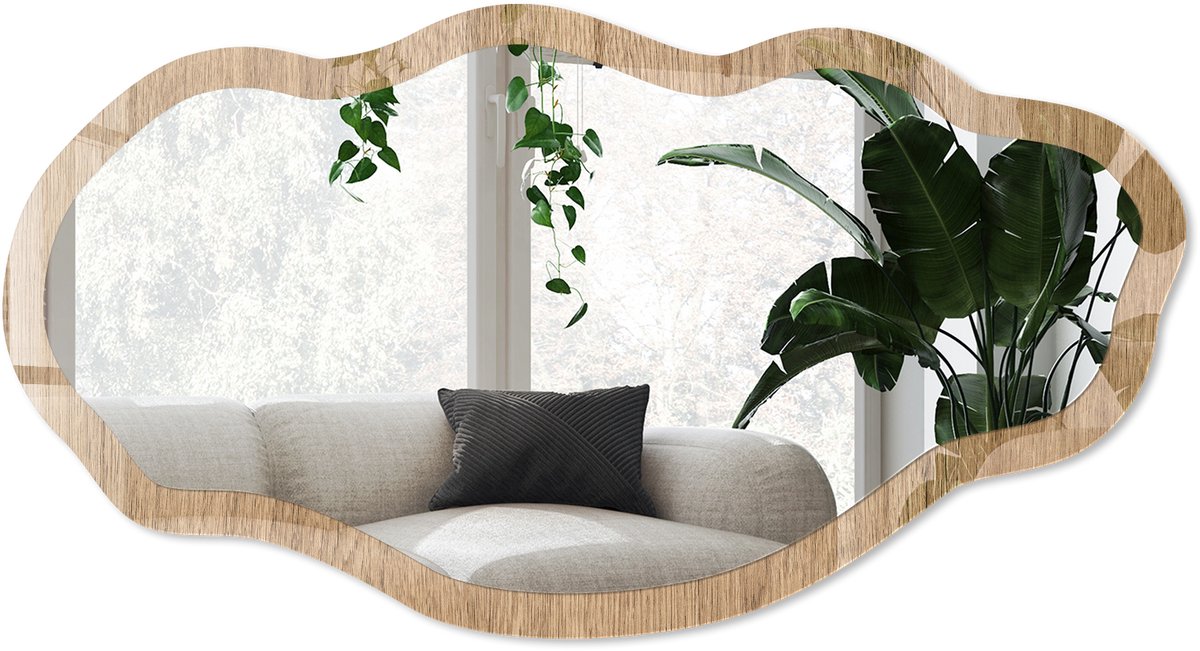 Wallfluent Natuurlijk Hout Spiegel - Bruin Rechthoekige Spiegel Met Modern Design - Organische Spiegel - Woonkamer - Rustiek - 45x90 cm - Totale afmeting 52x97 cm