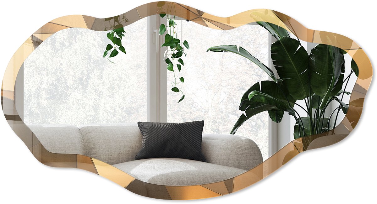 Wallfluent Ruimtelijk Patroon Spiegel - Beige Elegante Rechthoekige Wandspiegel - Organische Spiegel - Kantoor, Woonkamer, Hal - Geometrisch - 45x90 cm - Totale afmeting 52x97 cm