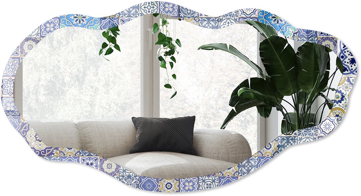 Wallfluent Mediterrane Tegels Spiegel - Blauw Rechthoekige Spiegel Met Modern Design - Organische Spiegel - Keuken - Geometrisch - 45x90 cm - Totale afmeting 52x97 cm