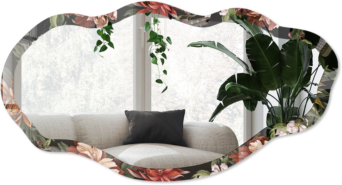 Wallfluent Exotische Flora Spiegel - Zwart Strakke Rechthoekige Spiegel - Organische Spiegel - Woonkamer - Schilderachtig - 45x90 cm - Totale afmeting 52x97 cm