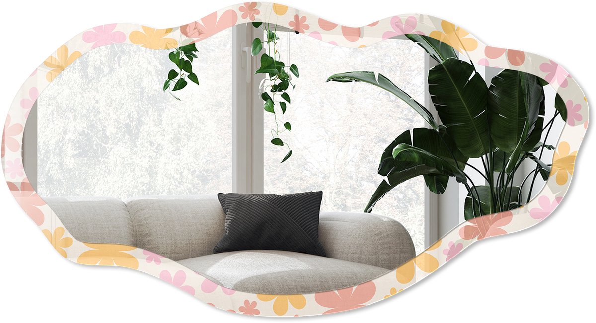Wallfluent Bloemenpatroon Spiegel - Romig Elegante Rechthoekige Wandspiegel - Organische Spiegel - Slaapkamer, Woonkamer, Kledingkast - Illustratief - 45x90 cm - Totale afmeting 52x97 cm