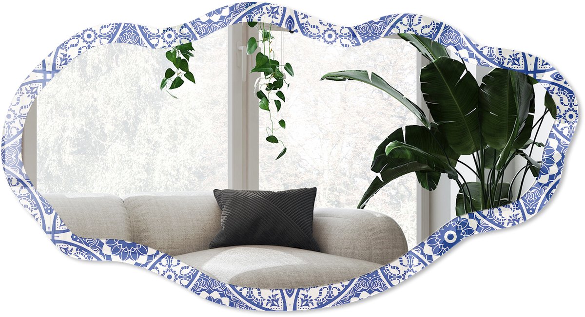 Wallfluent Blauw Mozaïek Spiegel - Blauw Elegante Rechthoekige Wandspiegel - Organische Spiegel - Woonkamer - Geometrisch - 45x90 cm - Totale afmeting 52x97 cm