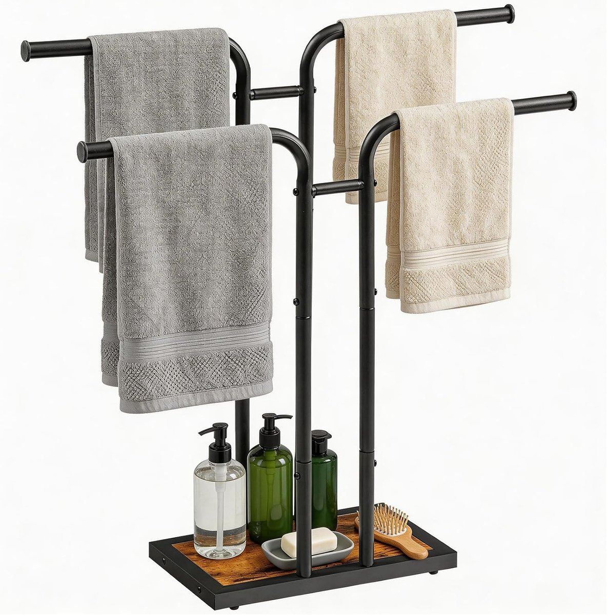 Home & Beyond® Handdoekhouder Vrijstaand - Handdoekrek met 2 Stangen - T-vormig - Vintagebruin en Zwart - 40x24x80 cm