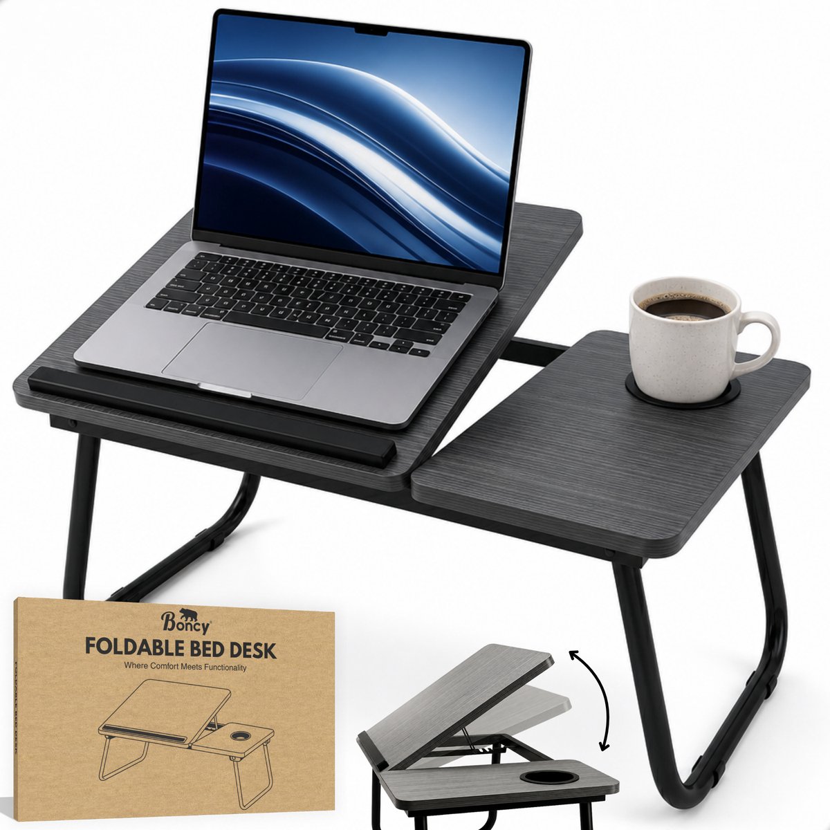 Boncy® Luxe Bedtafel - Verstelbare Laptoptafel Incl. Bekerhouder - Schoottafel - Bank Tafeltje Inklapbaar - Ontbijttafeltje voor op Bed - Ontbijttafel Verstelbaar