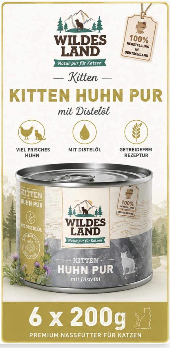 Wildes Land Wildes Land Cat Can Puur Kitten Kip met Saffloerolie - 6 x 200 g
