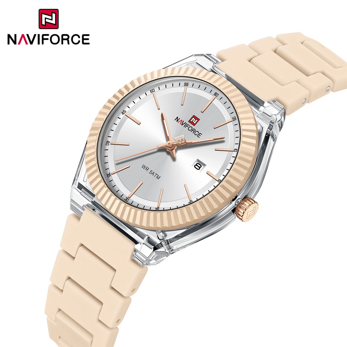 NAVIFORCE horloge met beige siliconen polsband, zilveren wijzerplaat en beige horlogekast voor dames met stijl ( model 6117 BGW )