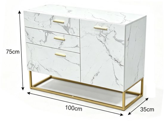 Wit marmerlook dressoir met gouden handvatten, gouden frame, met afmetingen 100cm x 75cm x 35cm.