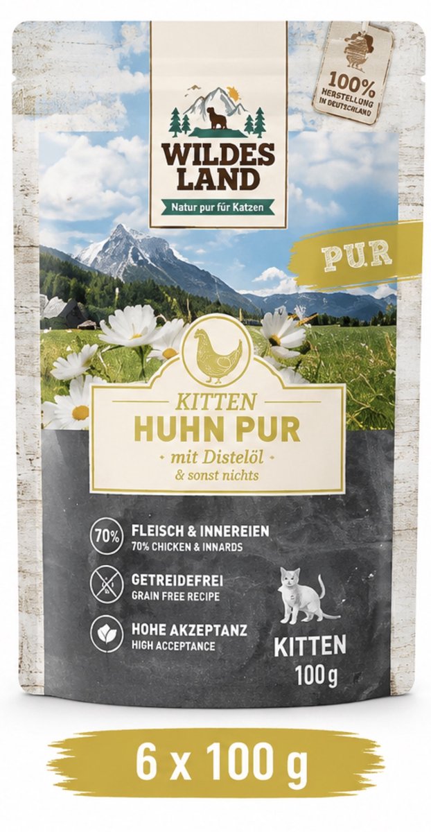 Wildes Land Wildes Land Cat Pouch PUR Kitten Kip met Distelolie - 6 x 100 g