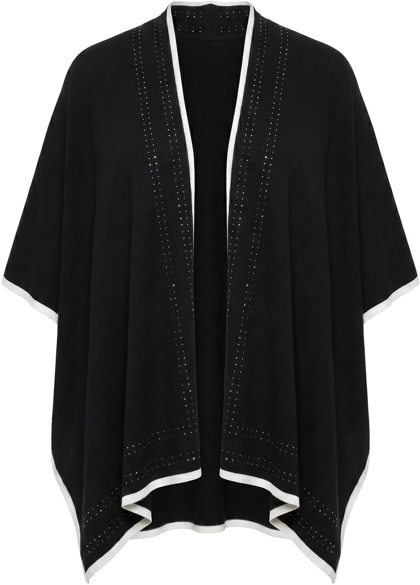 Ulla Popken - Dames - Gebreide poncho contrastkleurige randen siersteentjes - Zwart - Maat 2+