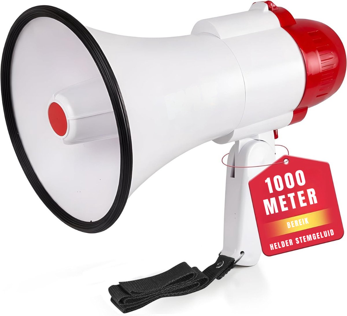 QUOVO® Megafoon met Sirene – Luchthoorn Met Schouderriem – Megafoon Auto – Sirene Met Instelbaar Volume - Stemversterker - Rood - 26cm x 16cm x 16cm