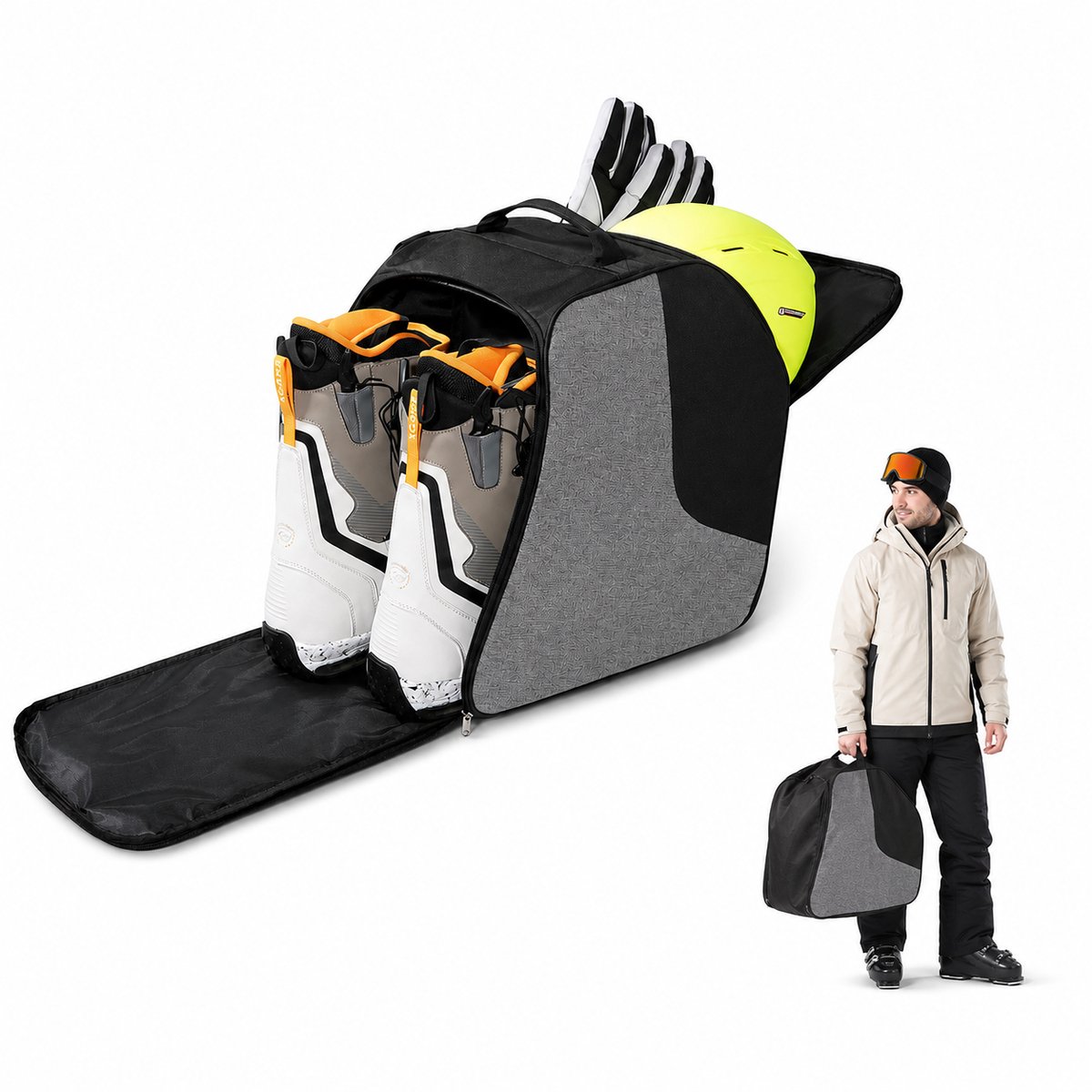 Skischoentas - 24×36×38 cm - Waterdichte schoudertas - Geschikt voor het opbergen van skischoenen, helmen, skibrillen en skikleding - Zwart-grijs kleurenschema