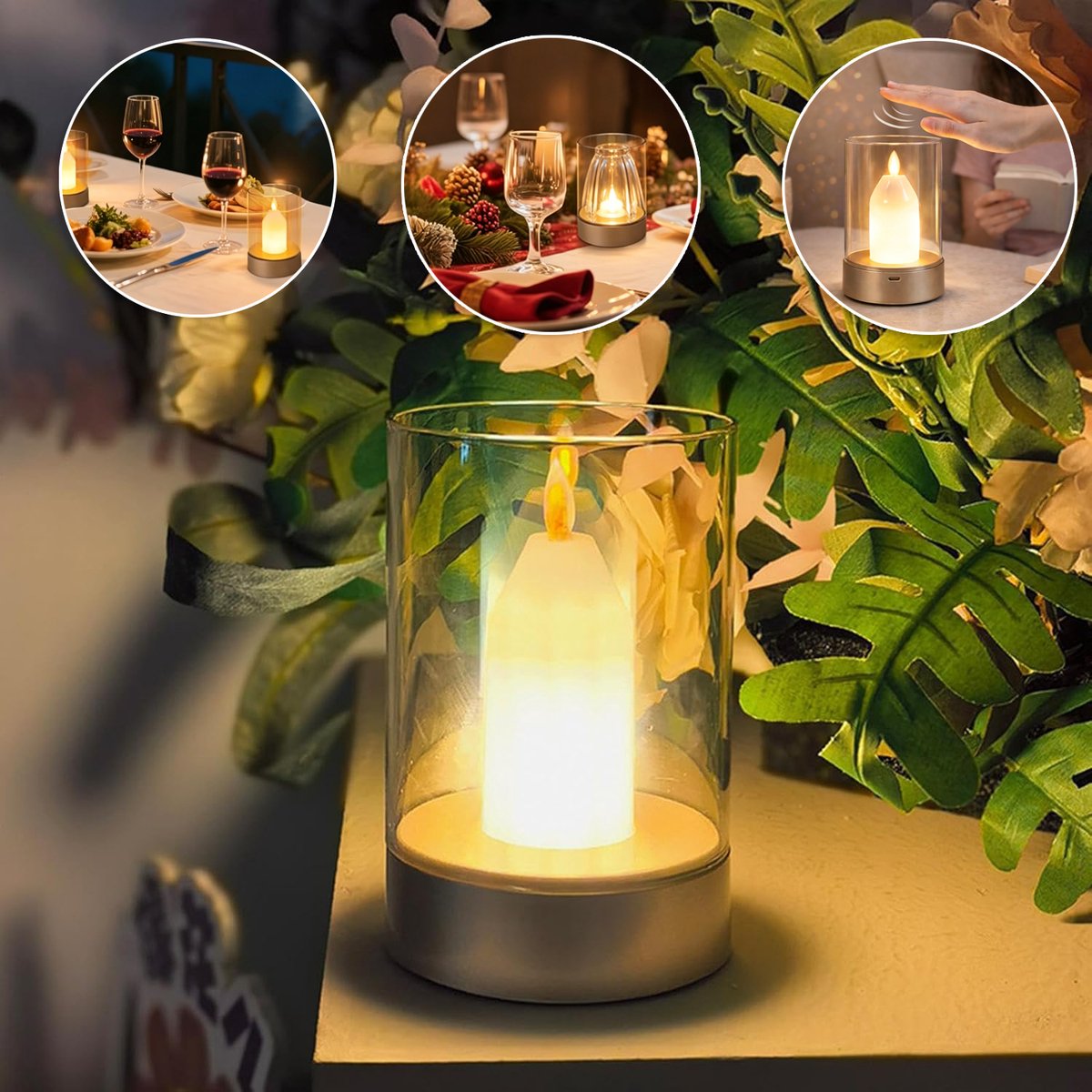 Tafellamp in Kaarsvorm - Golf Schakelaar Lichtsterkte Regeling via Zweefstand 2400mAh Oplaadbaar 3W - Zacht Sfeervol Nachtlampje Voor Slaapkamer, Kantoor En Bruiloftsdecoratie - Helder Glas