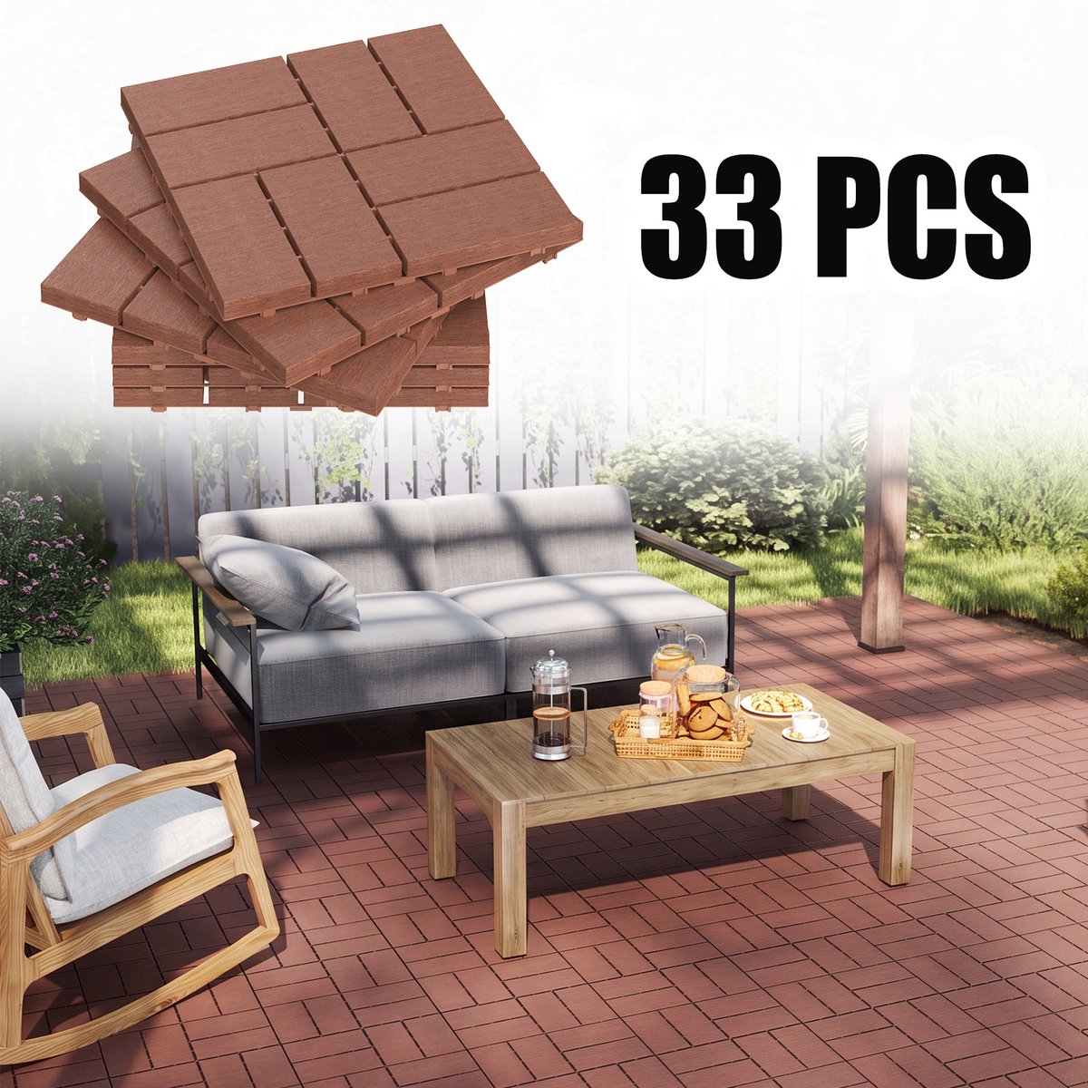 Froadp 33 stuks balkontegels met houtlook terrastegels 30x30cm decoratieve kunststoftegels voor terras kliktegels vloerbedekking balkontegel waterbestendig onderhoudsvriendelijk - 3m² roodbruin geruit type