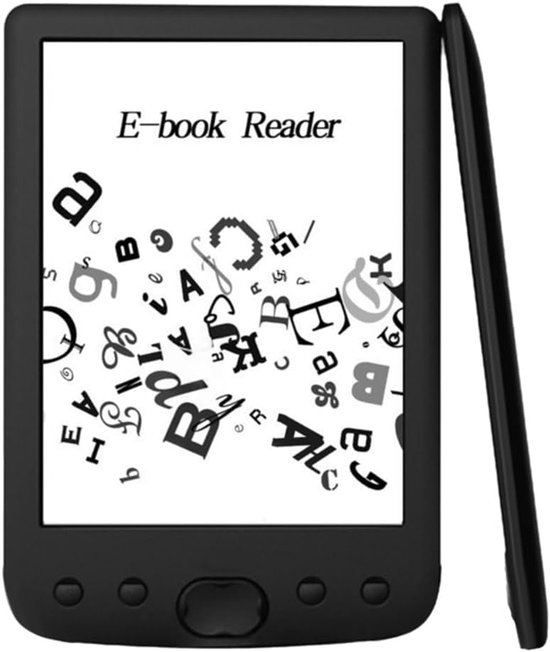 Zwarte e-reader met een scherm vol letters in verschillende stijlen, met een zwarte stylus ernaast.