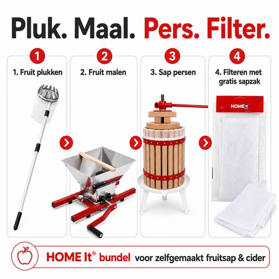 HOME It® Fruitpers Set 12 L - Eikenhout Appelpers met Fruitmolen 7 L, Telescopische Fruitplukker 150-260 cm & Gratis Sapzak - Voor Sap & Cider van home-it — afbeelding 3