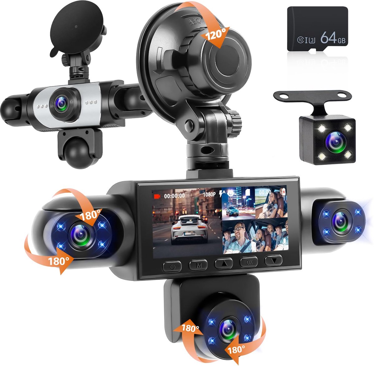 Sogiol® Dashcam Auto - 5 Lenzen (Voor, Achter, Links, Rechts) - 1080P Full HD - WiFi & GPS - Dashcams - Nachtzicht - G-Sensor - Parkeerbewaking - 3,16 Inch met App - Incl. 64GB SD-Kaart