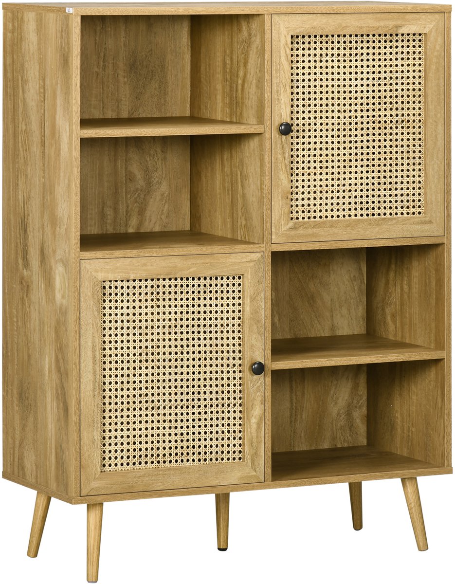 Dressoir met 2 deuren 4 open vakken houtdecor en rotan - 90 CM x 32.5 BCMx 120CM