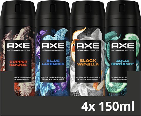 Vier Axe premium deodorant bodyspray blikken: Copper Santal, Blue Lavender, Black Vanilla, Aqua Bergamot. 4x 150ml.